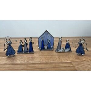 Vintage‎ 5 Piece Stained Glass Nativity Scene Set Blue White Wise Men Shepards